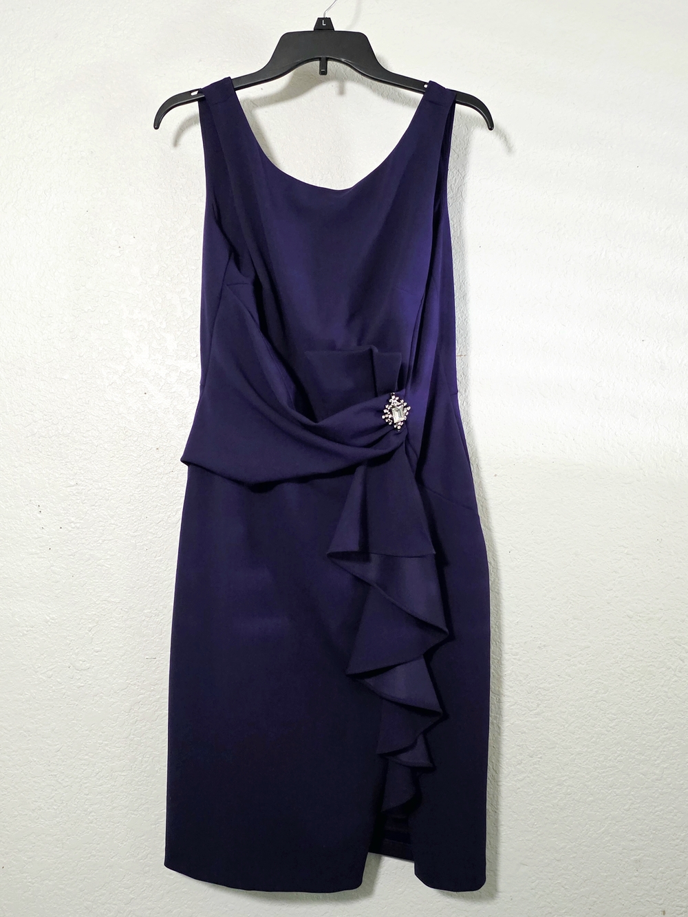 Betsy & Adam Women's Elegant Dark Purple Ruffle Sheath Dress with Brooch